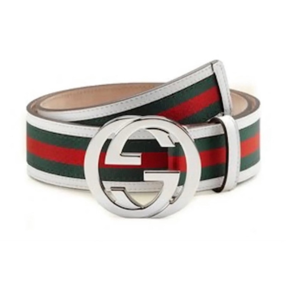 Gucci Ladies/Mens Red & Green Stripe Leather-Trim Belt with Silver GG Buckle